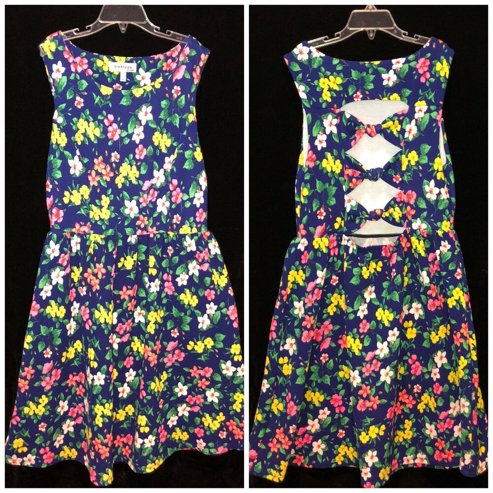 Monteau Junior Girls Floral Dress Size Small Flirty Back Cut Out Detail w/ Bows